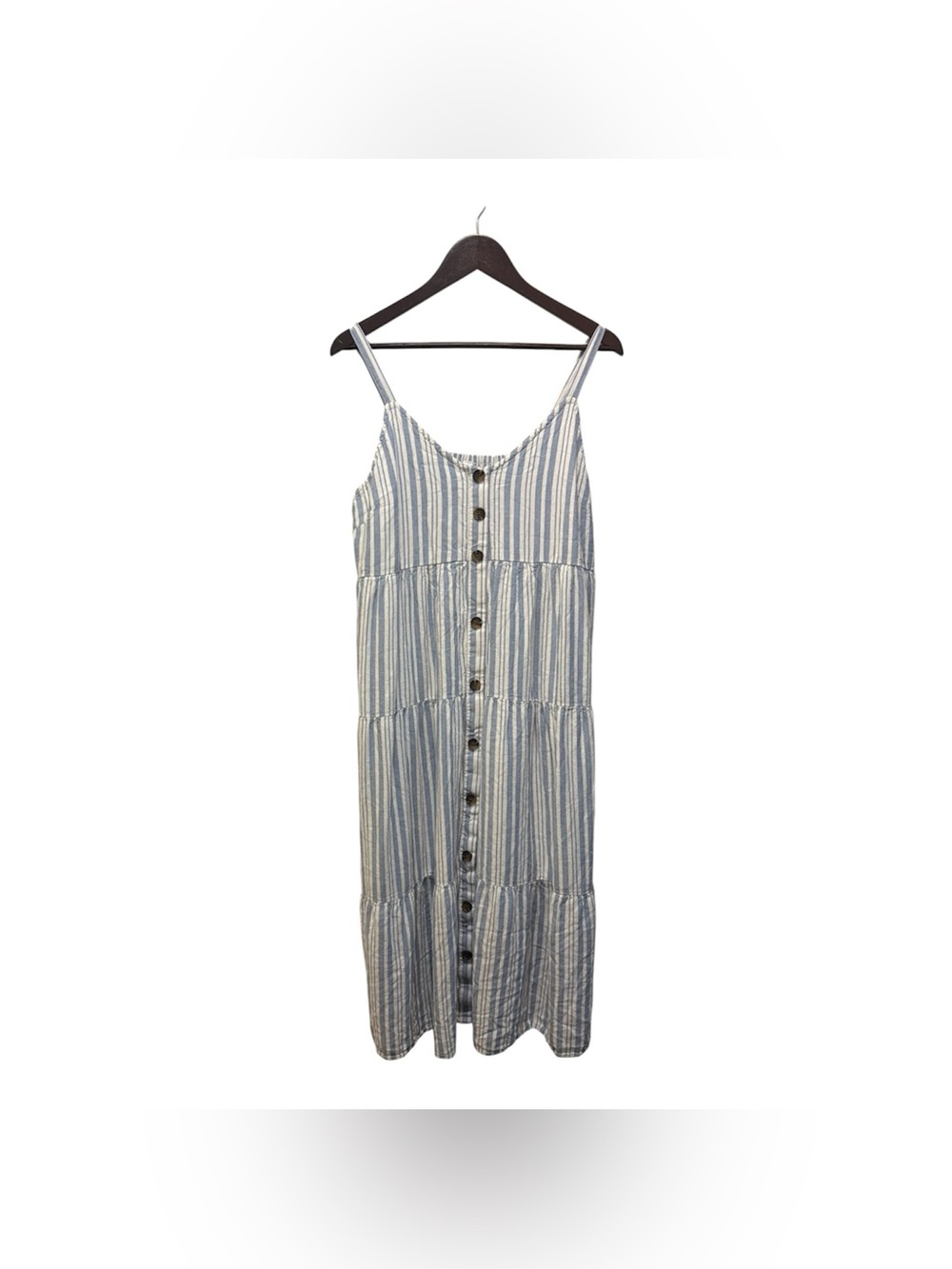 Denver Hayes Blue and White Striped Tiered Maxi Dress Linen Blend Nautical